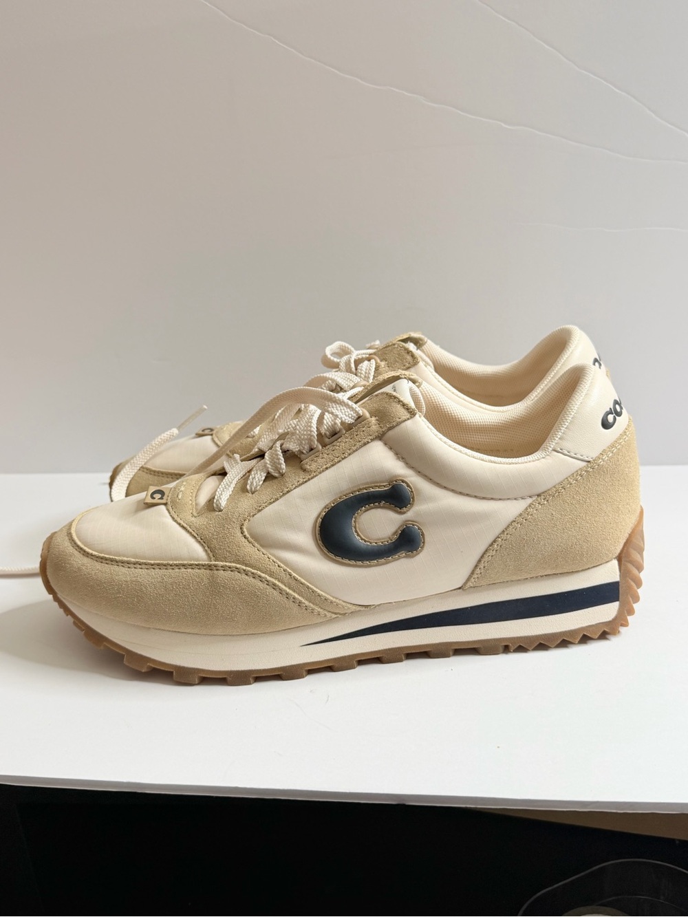 Coach Kids Cream & Tan Sneakers with Navy C Logo